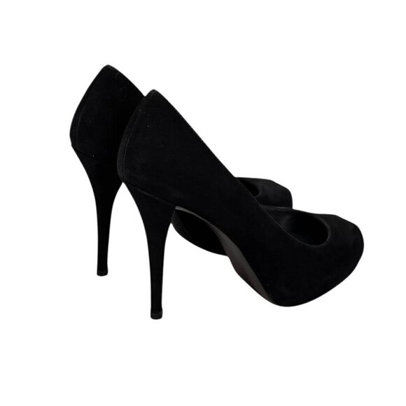 Stuart Weitzman Pip Toe Heels Sz.9 Black Suede Hidden Platform Minimalist Pumps - Picture 4 of 10